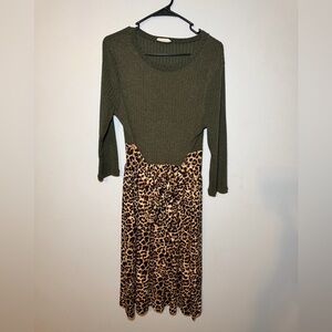 NWOT Reb & J 220 Olive and Leopard Print 3/4 Sleeve Midi Dress